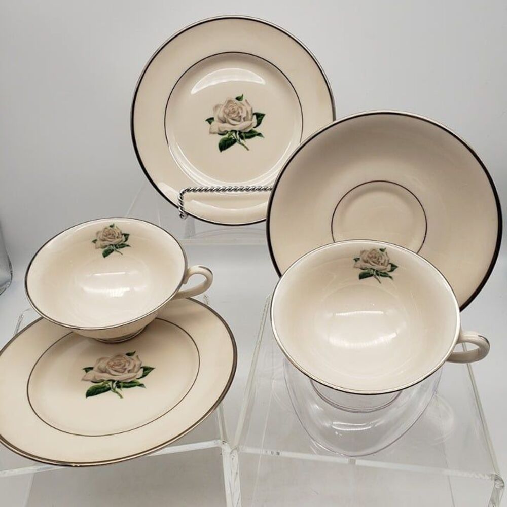 Vintage Magna Tea Setting for 2 White Rose Platinum Trim-Only one saucer